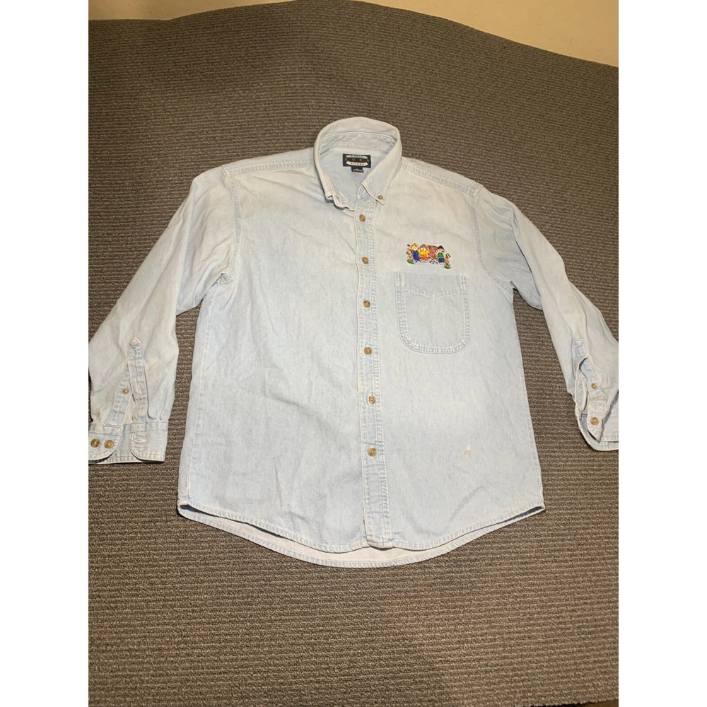 Three Rivers Denim Shirt Mens Medium Light Wash Embroidered Little People Blue